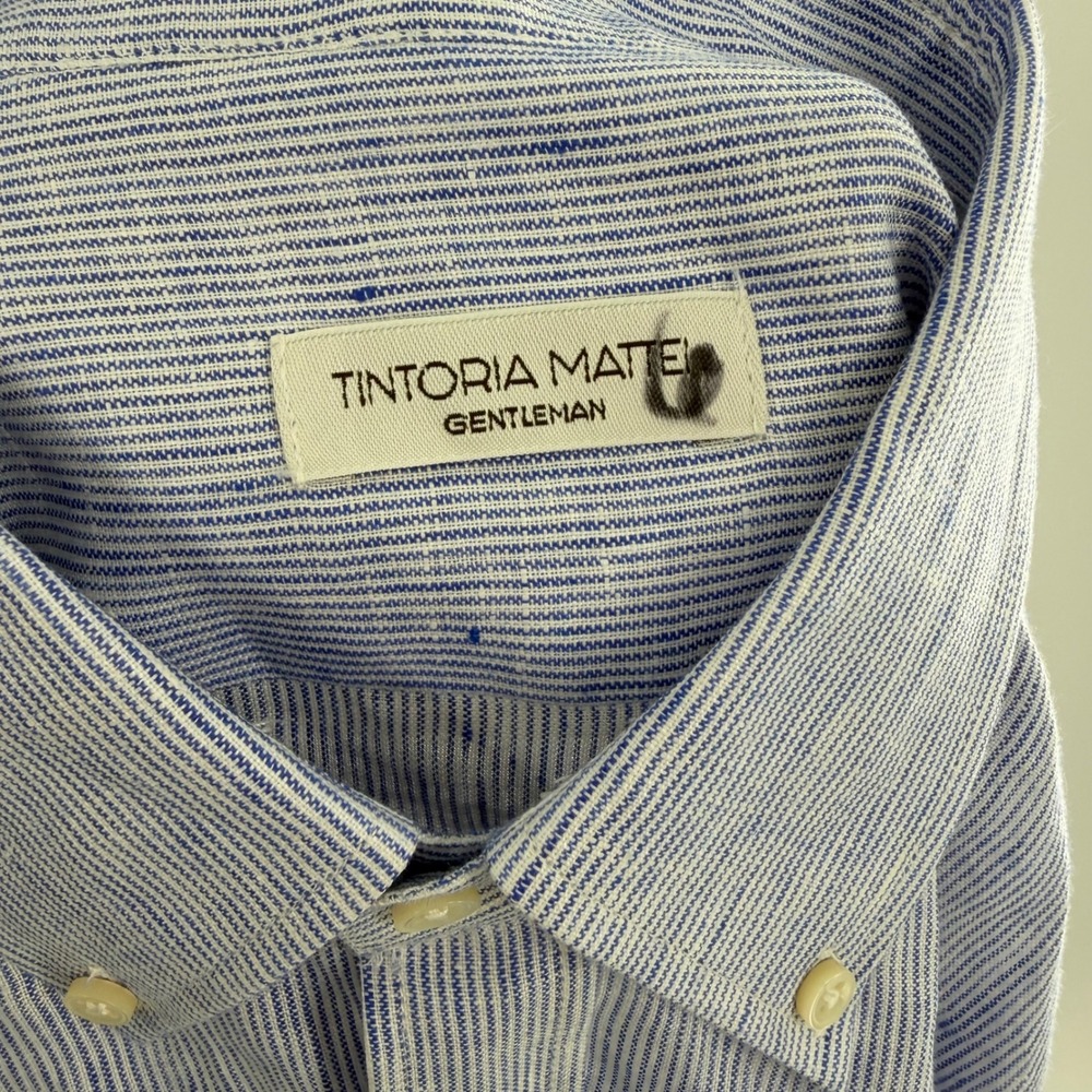 Tintoria Mattei 954 Blue Striped Linen Button Down Shirt Mens 39 15.5 Regular - Picture 7 of 9